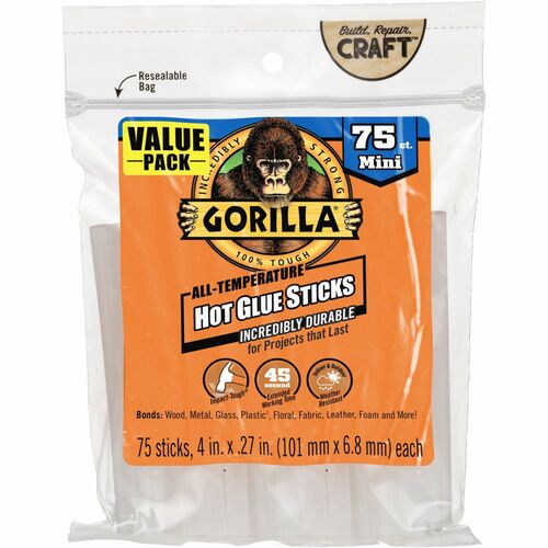 The Gorilla Glue Company  Glue Sticks,Mini,f/Glue Guns,High/Low,4"x0.27",75/PK,Clear-GOR3027502