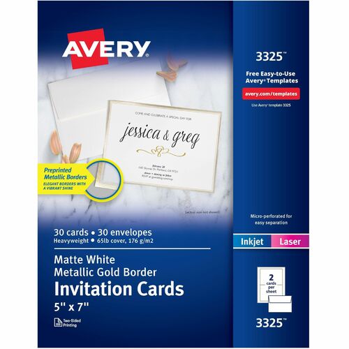 Avery  Invitation Cards,w/Gold Borders/Envelopes,30/PK,Matte White