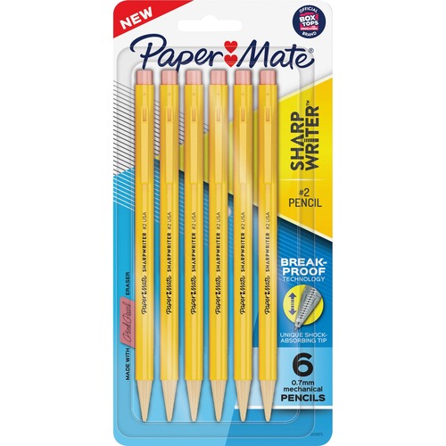 Paper Mate  Mechanical Pencil, No 2 Black Lead, 0.7mm, 6/PK, Yellow