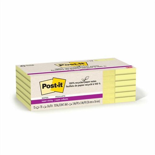 3M  Super Sticky Pads,70 Sheets/PD,3"x3",12PD/PK,Canary YW