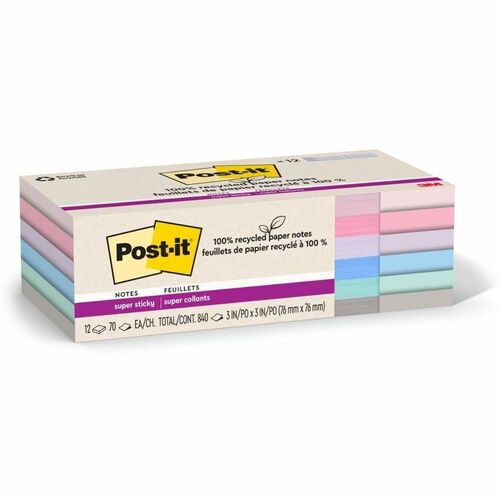 3M  Super Sticky Pads,70 Sheets/PD,3"x3",12PD/PK,Pastel AST