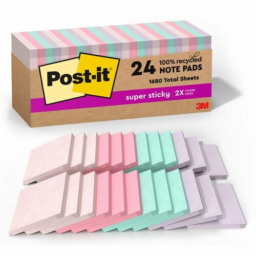 3M  Super Sticky Pads,70 Sheets/PD,3"x3",24PD/PK,Pastel AST
