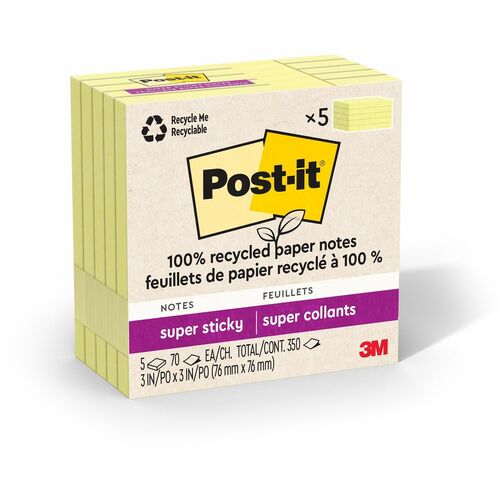 3M  Super Sticky Pads,70 Sheets/PD,5PD/PK,Canary Yellow