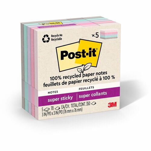 3M  Super Sticky Pads,70 Sheets/PD,5PD/PK,Pastel AST