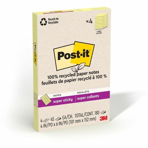 3M  Super Sticky Pads,Lined,4"x6",45 SHT/PD,4PD/PK,Canary