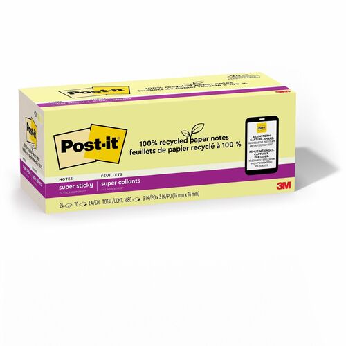 3M  Super Sticky Pads,70 Sheets/PD,3"x3",24PD/PK,Canary YW