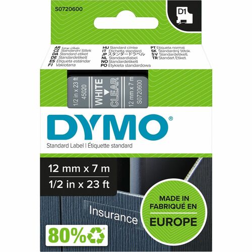 Dymo  Label Tape,f/DYMO Labelmakers,1/2"x23',White/Clear-DYMS0720600