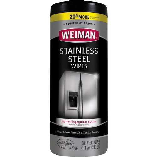 Weiman Products  Wipes, f/Stainless Steel, 7"x8", 30 Wipes/Canister, White