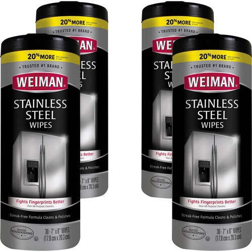 Weiman Products  Wipes, f/Stainless Steel, 7"x8", 30 Wipes/Canister, 4/CT, WE