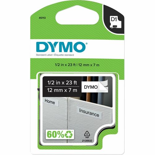 Dymo  Label Tape,f/DYMO Labelmakers,1/2"x23',Black/White-DYM45113