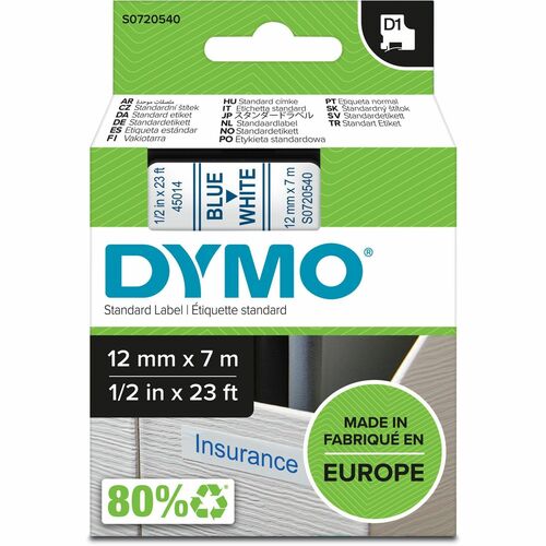 Dymo  Label Tape,f/DYMO Labelmakers,1/2"x23',Blue/White-DYMS0720540