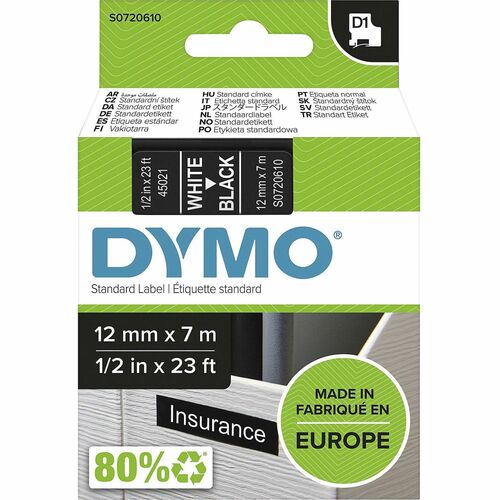 Dymo  Label Tape,f/DYMO Labelmakers,1/2"x23',White/Black-DYMS0720610
