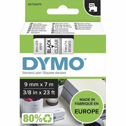 Dymo  Label Tape,f/DYMO Labelmakers,3/8"x23',Black/Clear-DYMS0720670