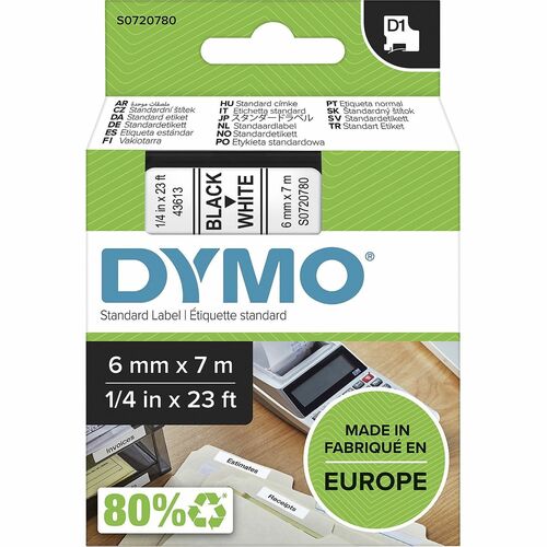 Dymo  Label Tape,f/DYMO Labelmakers,1/4"x23',Black/White-DYMS0720780