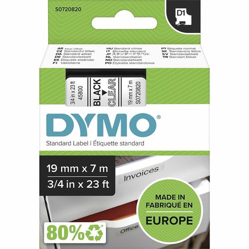 Dymo  Label Tape,f/DYMO Labelmakers,3/4"x23',Black/Clear-DYMS0720820