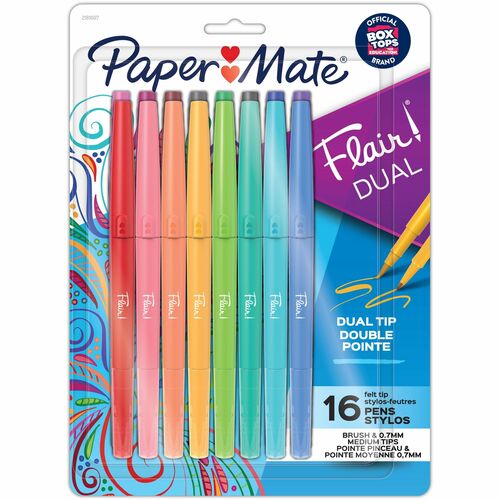 Paper Mate  Pens,Flair,Dual-End,Brush/Medium Tip,16/PK,AST