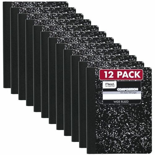 Mead  Square Deal Composition Book, 3-Subject, Wide/Legal Rule, Black Cover, (100) 9.75 x 7.5 Sheets, 12/Pack