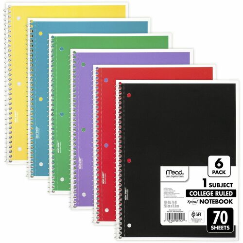 Mead  Spiral Notebook, 1-Subject, Medium/College Rule, Assorted Cover Colors, (70) 10.5 x 8 Sheets, 6/Pack