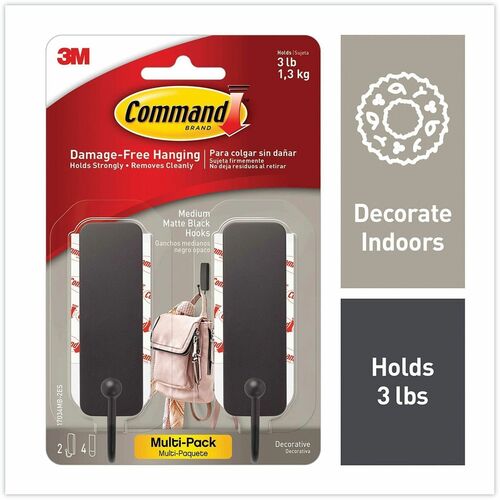 3M  Decorative Hooks, Medium, Plastic, Matte Black, 3 lb Capacity, 2 Hooks and 4 Strips/Pack