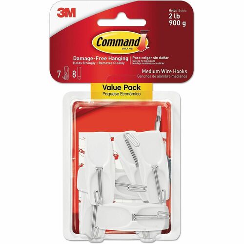 3M  General Purpose Wire Hooks, Medium, Metal, White, 2 lb Capacity, 7 Hooks and 8 Strips/Pack