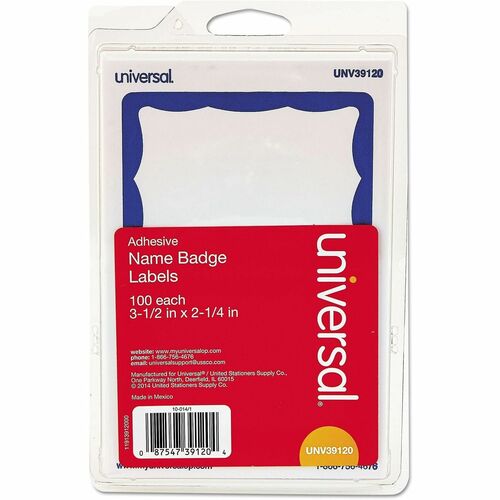 Universal  Border-Style Self-Adhesive Name Badges, 3 1/2 x 2 1/4, White/Blue, 100/Pack