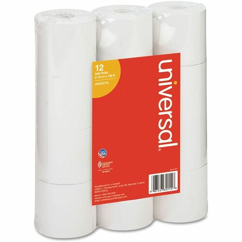 Universal  Impact and Inkjet Print Bond Paper Rolls, 0.5" Core, 2.25" x 150 ft, White, 12/Pack