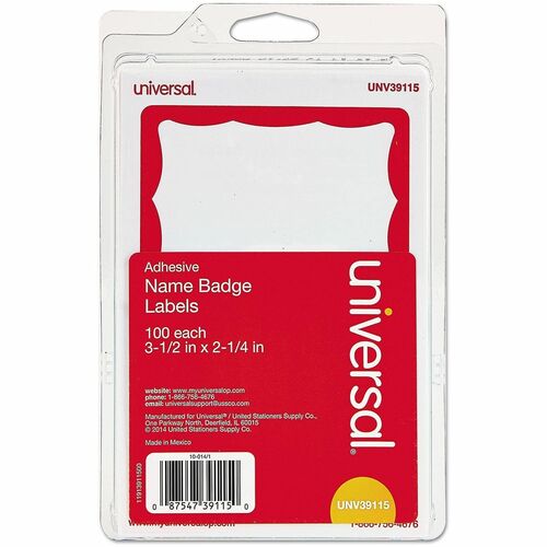 Universal  Border-Style Self-Adhesive Name Badges, 3 1/2 x 2 1/4, White/Red, 100/Pack