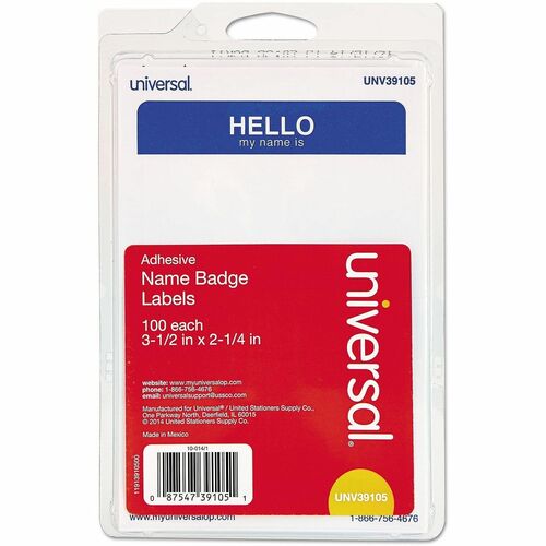 Universal  Hello Self-Adhesive Name Badges, 3.5 x 2.25, White/Blue, 100/Pack