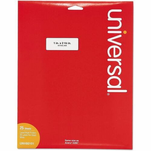 Universal  White Labels, Inkjet/Laser Printers, 1 x 2.63, White, 30/Sheet, 25 Sheets/Pack