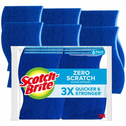 3M  Sponge,Scrubber,Zero Scratch,4.4"x2.6"x0.7",6/PK,6PK/CT,Blue