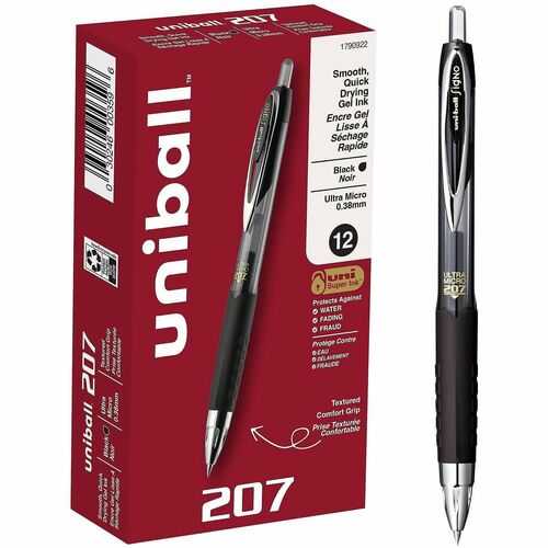 uni-ball Corporation  207 Ultra Micro Gel Pen, Retractable, Ultra-Micro 0.38 mm, Black Ink, Clear/Black Barrel