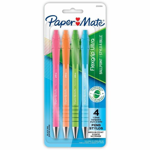 Paper Mate  Pen,Ballpoint,FlexGrip Ulta,RT,1.0mm,4/PK,BK Ink/ASTBarrel
