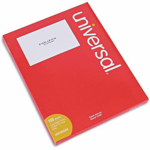 Universal  White Labels, Inkjet/Laser Printers, 5.5 x 8.5, White, 2/Sheet, 100 Sheets/Pack