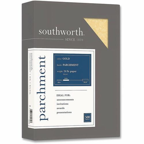 Southworth  Parchment Specialty Paper, 24 lb Bond Weight, 8.5 x 11, Gold, 100/Pack
