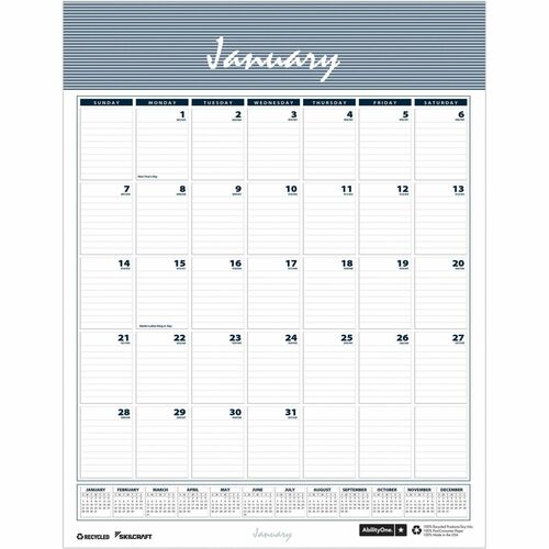 SKILCRAFT  Wall Calendar, Monthly, 1PPD, Jan-Dec, 15-1/2"x22", WE/BE/GY