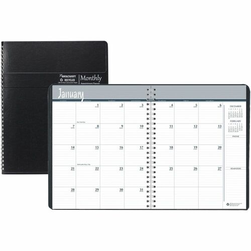 SKILCRAFT  Planner, Mthly, 2PPM, 14Mths, Dec-Jan, 8-1/2"x11", Black