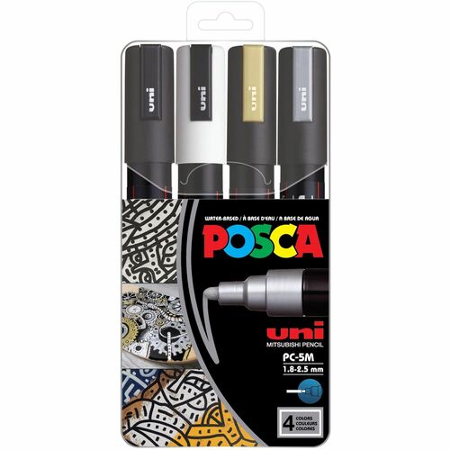 uni-ball Corporation  Paint Marker,POSCA,Water-based,Medium,4/PK,WE/BK/GD/SR