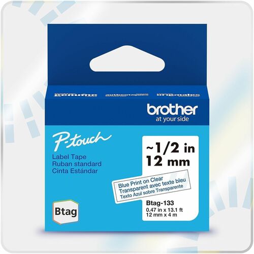 Brother  Label Tape,Btag,0.47"x13.1',BlueonClear