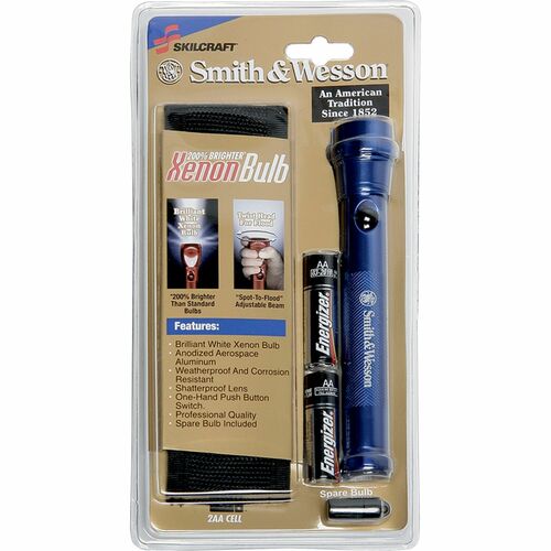 SKILCRAFT  Flashlight,Aluminum,w/AA Batteries,Belt Holster,6-1/4"L,Blue