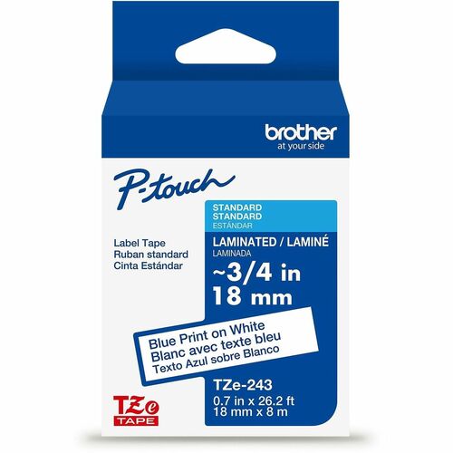 Brother  Label Tape,Laminated,f/P-touch0.7"x26.2',BlueonWhite
