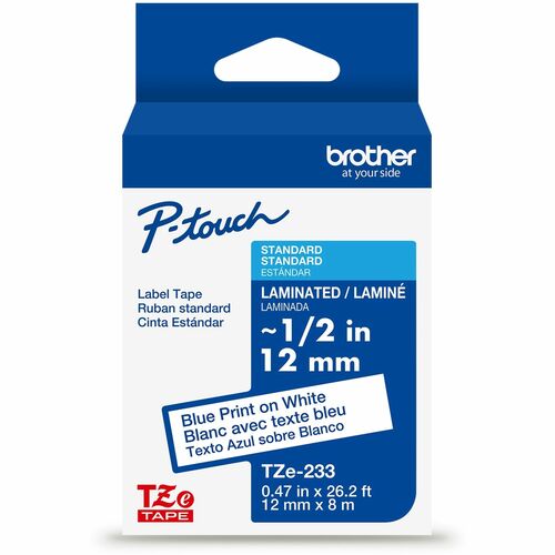 Brother  Label Tape,Laminated,f/P-touch,0.47"x26.2',BlueonWhite