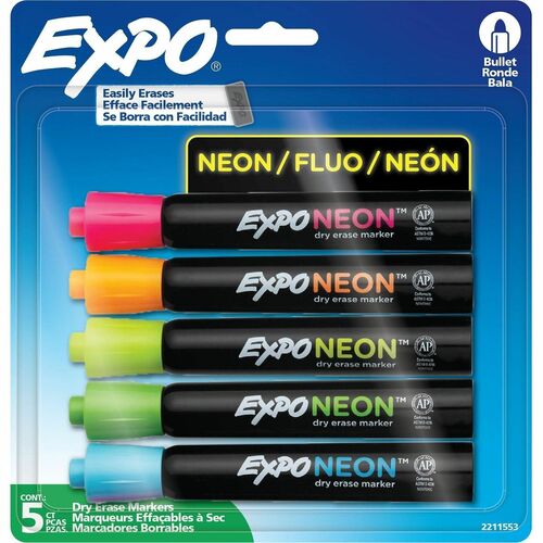 Newell Brands  Dry-erase Markers, Bullet, Nontoxic, 5/PK, Neon Assorted