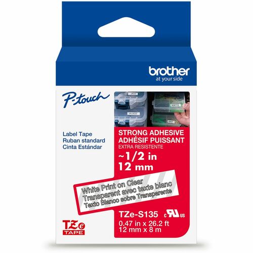 Brother  Label Tape,Xtra-Strength,f/P-touch,0.47"x26.2',WhiteonClear