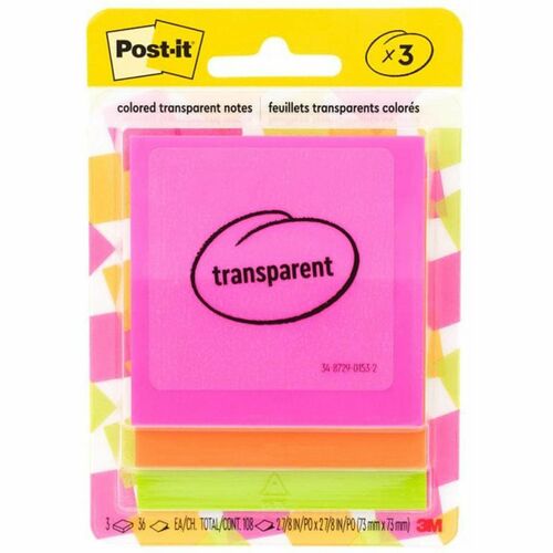 3M  Notes,Transparent Film,Sticky,2.8"x2.8",36/Pad,3Pads/PK,AST