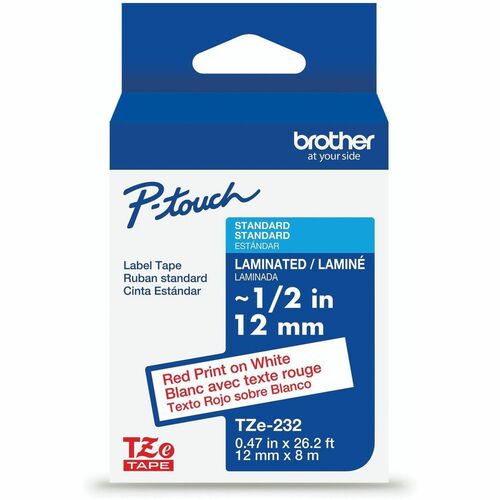 Brother  Label Tape,Laminated,f/P-touch,0.47"x26.2',RedonWhite