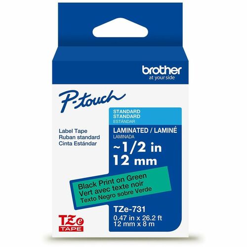 Brother  Label Tape,Laminated,f/P-touch,0.47"x26.2',BlackonGreen
