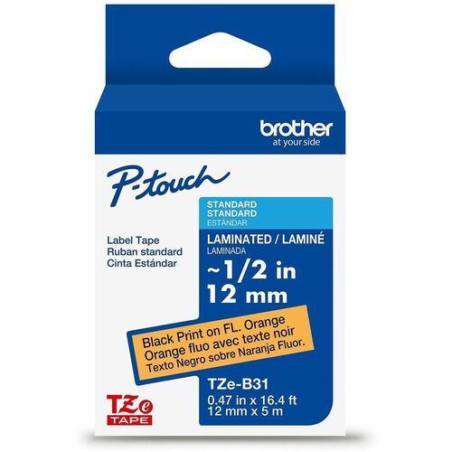 Brother  Label Tape,Lamin,f/P-touch,0.47"x26.2',BlackonFlu.Orange