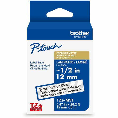 Brother  Label Tape,Laminate,f/P-touch,0.47"x26.2',BlackonMatteClear