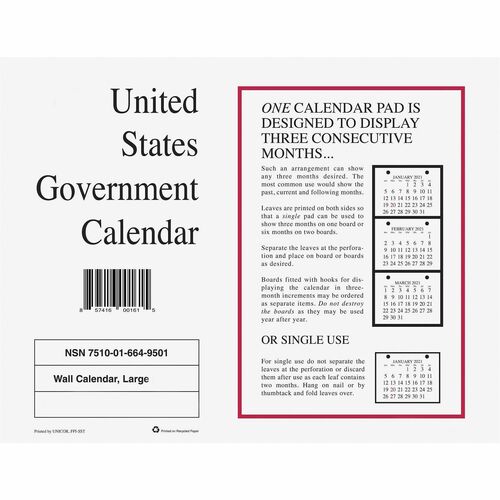 Unicor Customer Service Ctr  Wall Calendar, Monthly, 8-1/2"x11", 10/PK, White