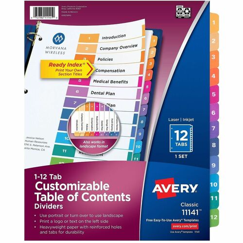 Avery  Ready Index Dividers,TOC,1-12 Tab,3HP,8-1/2"x11",1 ST,Multi